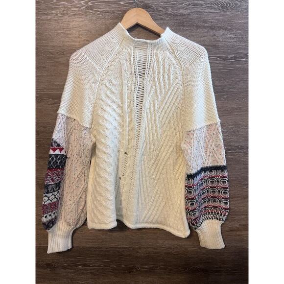 Altar’d State Sweater Crochet Ivory Balloon Sleeves Knit Crew Neck Farm Core - Picture 7 of 8